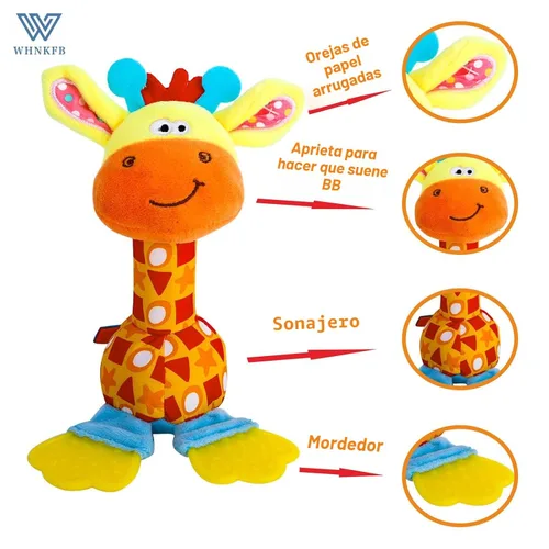 Vista 2 de Juguete Mordedor Sonajero para Bebé - Peluche Suave de Jirafa con Sonido Crujiente y Chillón, Agitador Sensorial para Recién Nacidos de 0-12 Meses