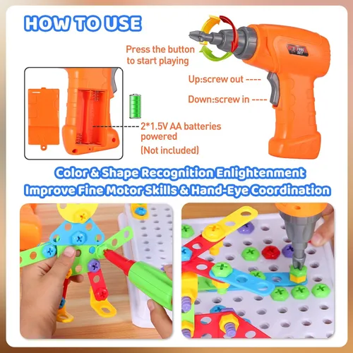 Vista 4 de 224 juguetes de construcción STEM para niños de 4 a 8 años, juego creativo de taladro de mosaico con taladro eléctrico y destornillador, kit