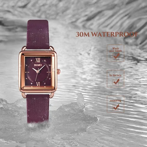 Vista 6 de SKMEI - Reloj de pulsera para mujer, de piel, rectangular, elegante, para mujer, Classic, Morado-d