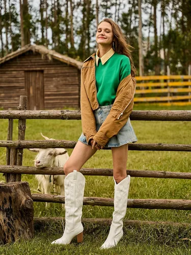 Vista 5 de Mostrin Botas vaqueras bordadas para mujer, botas vaqueras con punta puntiaguda, botas altas hasta la rodilla, tacón grueso, botas occidentales