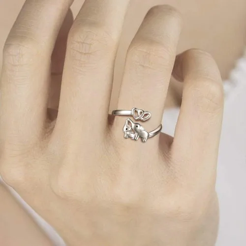 Vista 4 de Anillo de Elefante Mamá Hija Plata de Ley 925 Ajustable Anillos de Dedo Corazón de Amor Colgante para Mujeres Esposa Mamá Nana Hija Regalo de Joyería