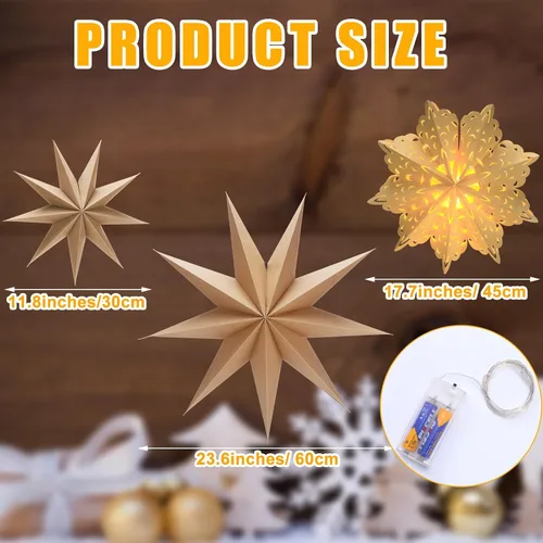 Vista 3 de Leinuosen Juego de 10 Faroles de Papel de Copo de Nieve de Navidad, Faroles de Estrella de Papel con 10 Luces LED, Lámpara de Estrella Colgante
