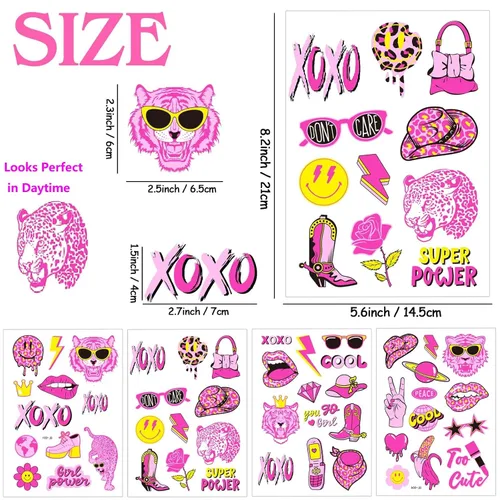 Vista 2 de Konsait Tatuajes temporales de neón, 48 estilos Tatuajes de vaquera de discoteca rosa con luz negra para despedidas de soltera y fiestas