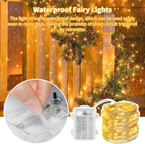 Vista 4 de Guirnalda de luces a pilas con temporizador de control remoto, 33 pies, 100 luces LED, impermeables, 8 modos, alambre de cobre, luces blancas Blanco