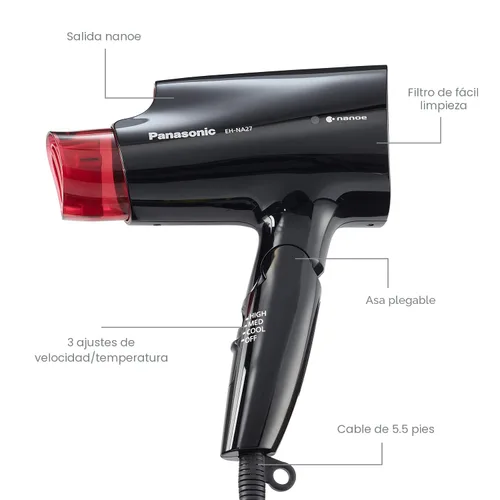 Vista 7 de Secador de Cabello Compacto Panasonic nanoe para Cabello de Aspecto Saludable, 1400W Portátil, Mango Plegable y Boquilla QuickDry para Secado Rápido