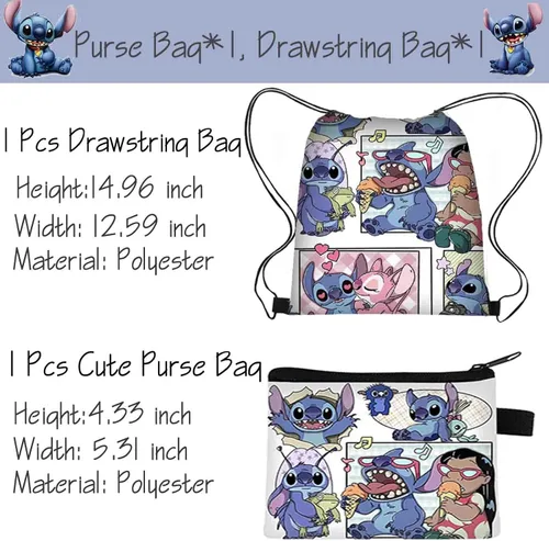Vista 2 de EMISOO Stitch Merchandise Stuff Set de regalo para niñas, bolsa con cordón de dibujos animados de Stitch Anime, cordón para llavero, pulseras