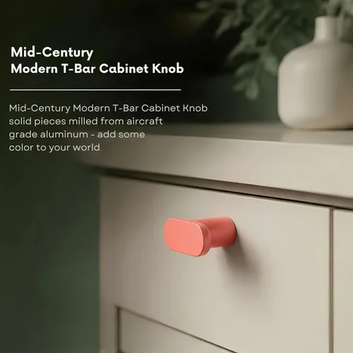 Vista 4 de ROUS Hardware Mid-Century - Perilla moderna con barra en T para gabinete, acabado mate de aluminio sólido rosa rubor para gabinetes y muebles