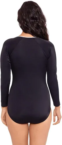 Vista 3 de Reebok Traje de baño de una pieza para mujer, manga larga, bloque de color, cremallera frontal, plateado