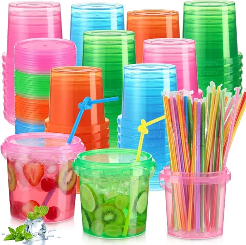 Vista 12 de Funnymoom Paquete de 36 cubos de plástico para ron para bebidas con pajita, cubeta de cóctel para helado, con tapas y asas, recipientes de alimentos
