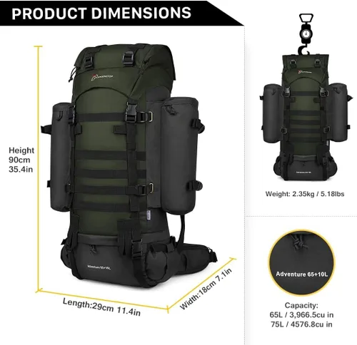 Vista 2 de Mardingtop Mochila de marco interno de 65L+10L para senderismo, camping, caza, mochila de mochilero con cubierta de lluvia