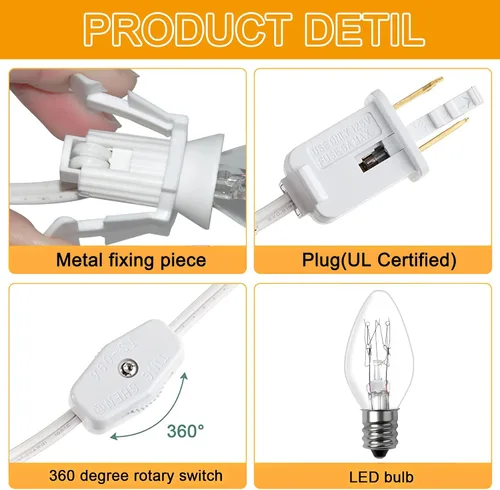 Vista 3 de 4 juegos de cable de accesorios con una bombilla, cable blanco de 6 pies con certificación UL, luces de aldea de Navidad con enchufes de interruptor