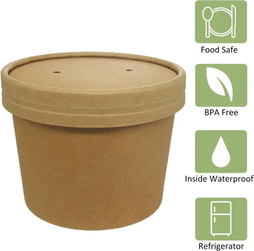 Vista 4 de Vasos de papel para helado con tapas de papel, tazas de sopa caliente/fría con tapas (kraft) (50, 12 onzas)