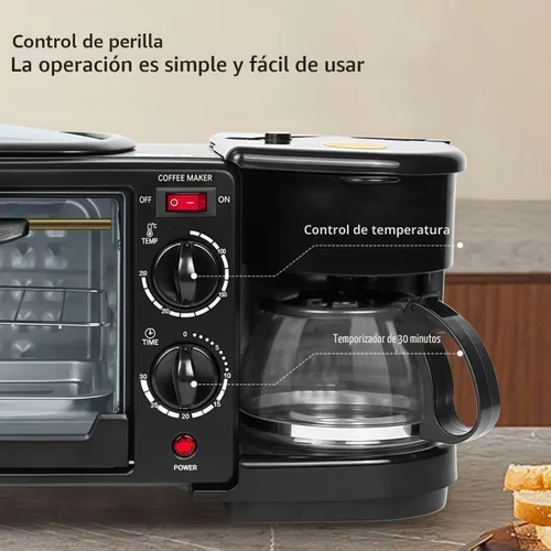 Vista 5 de Máquina de desayuno casera multifuncional 3 en 1, mini horno, cafetera (negro)