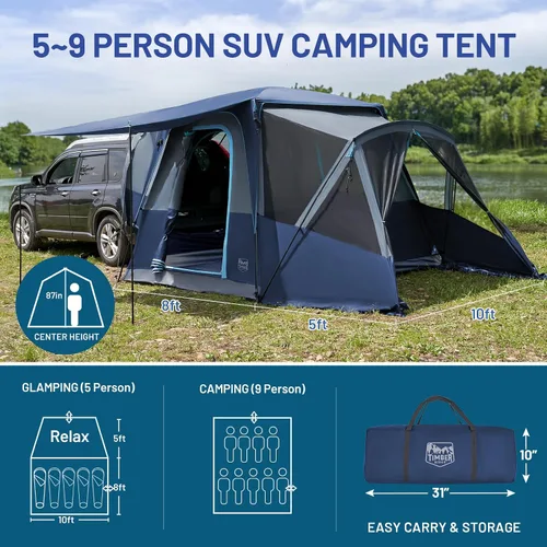 Vista 4 de TIMBER RIDGE 5-9 Person SUV Tent with Screen Porch and Awning for Family Camping, Weather Resistant and Portable Van or Car Tent, Includes Rainfly