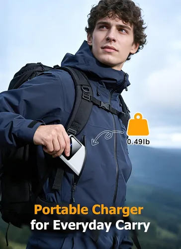 Vista 3 de Banco de energía cargador portátil con cables integrados y enchufe de pared, paquete de batería USB-C delgada de 10000mAh, cargador portátil