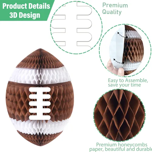 Vista 4 de C L cooper life Decoraciones colgantes para fiestas de fútbol, 6 unidades, panales de fútbol 3D con piezas de soporte, suministros de fiesta