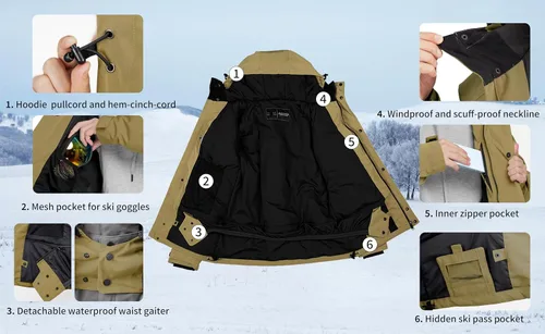 Vista 5 de Actleis - Chaqueta impermeable para hombre de snowboard, cálida, cortavientos, para invierno, con capucha