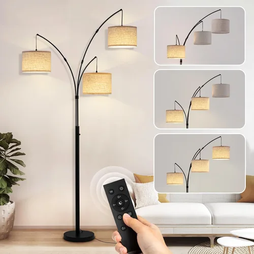 Vista 13 de Lámpara de pie con control remoto, lámparas de pie de arco de 3 luces para sala de estar, lámparas de pie altas de 2400 lm con pantallas blancas