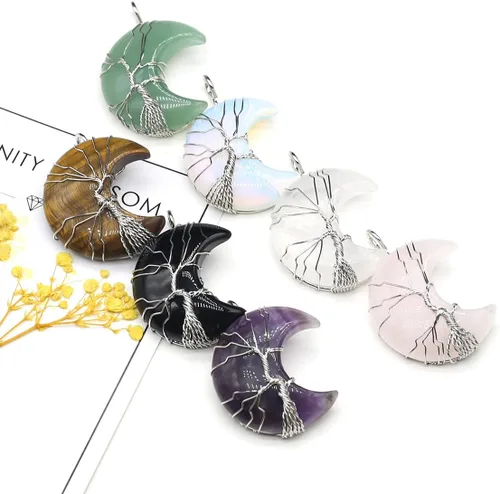 Vista 10 de 4 colgantes de piedra natural, forma de luna, chakra, cristal, ágata, alambre de piedra, tejer, diseño de árbol de la vida para hacer joyas