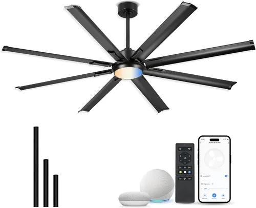 Vista 13 de Ventilador de techo industrial de 72 pulgadas sin luz, modelo negro mate para exteriores para áreas cubiertas, 8 cuchillas de aluminio, flujo