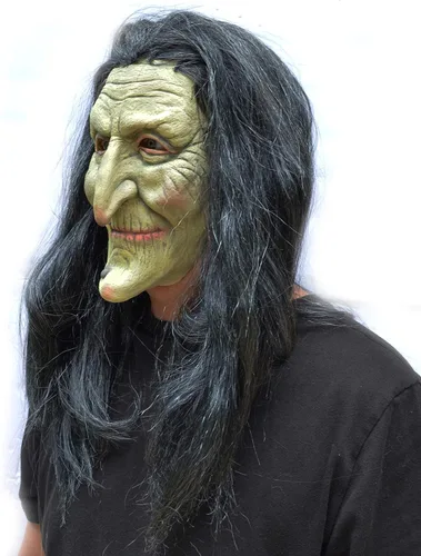 Vista 5 de Máscara de bruja de Halloween aterradora realista cosplay máscara de disfraz antiguo con cabello