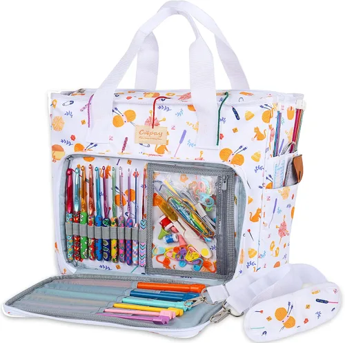 Vista 10 de Coopay Bolsa de ganchillo y tejer, organizador de viaje para manualidades, ganchos, agujas, madejas, pintura de diamantes, suministros (verde bosque)