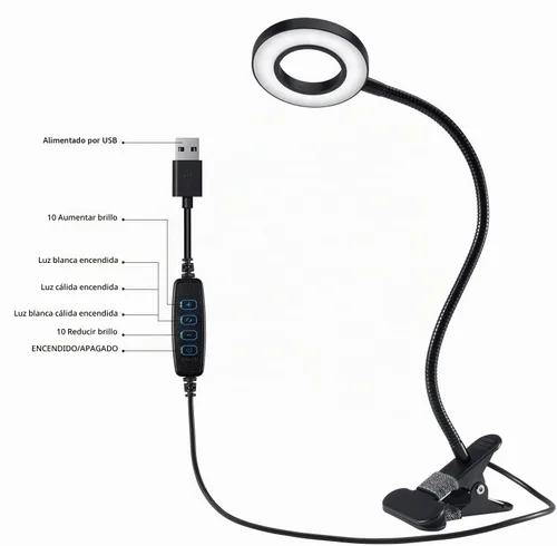 Vista 5 de Luces de lectura con clip de 48 LED, lámpara de escritorio con 3 modos de color y 10 brillo regulable, 360° flexible de cuello de cisne