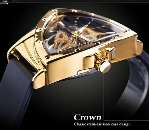 Vista 3 de FORSINING Reloj mecánico automático triangular Gold Shield, esfera de gran tamaño, diseño de esfera totalmente hueca, movimiento automático, correa