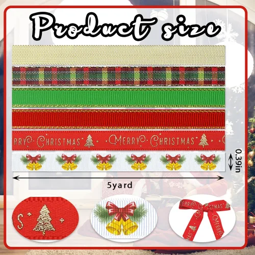 Vista 2 de Threetols 6 rollos de 30 yardas de cinta de Navidad de 3/8 pulgadas, cintas de grogrén con purpurina de Navidad de búfalo verde y rojo, cintas