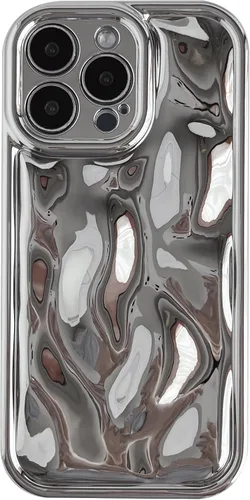 Vista 9 de Caseative Funda para iPhone 15 Pro Max, color negro Suavidad de la galjanoplastia de cromo del patrón de la burbuja del meteorito de la onda