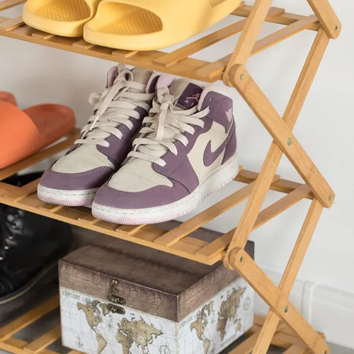 Vista 5 de Basicwise Zapatero plegable de bambú y estante de almacenamiento, organizador de madera multiusos para entrada, armario o sala de estar, soporte