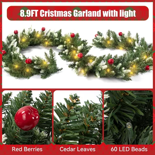 Vista 5 de Fohil Guirnalda de Navidad de 9 pies, 8 modos de guirnalda de Navidad artificial preiluminada con 60 luces LED, guirnalda de ratán verde con bayas