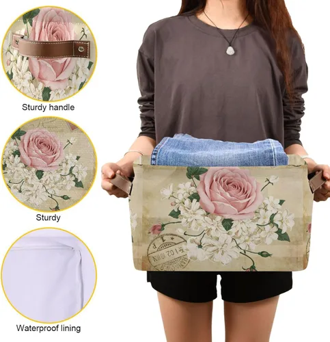 Vista 8 de ALAZA Shabby Chic - Caja de almacenamiento plegable con diseño floral de rosas, cestas organizadoras con asas para estantes, armario, sala de estar