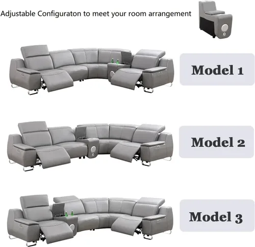 Vista 5 de Juego seccional de cuero de grano superior para sala de estar, puerto de carga USB, sillón reclinable eléctrico convertible para casa, sala