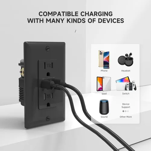 Vista 3 de Toma USB, enchufe de receptáculo TR de 15 amperios con cargador de pared USB C, toma de corriente de carga de 30W y 6.0A con 3 puertos, toma Negro