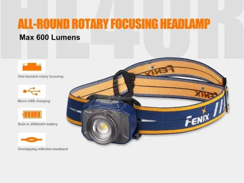 Vista 2 de Fenix HL40R - Linterna frontal LED CREE recargable por USB de 600 lúmenes con zoom y distancia de haz ajustable con cable de carga USB EdisonBright