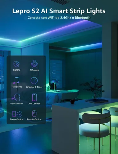 Vista 9 de Lepro S2 AI Smart LED tira enciende 16.4FT RGB+CCT WiFi Bluetooth para el sitio 2700K-5700K tunable white,AI lighting designer,Rainbow chasing