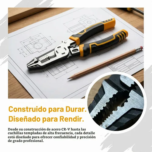 Vista 4 de Herramienta pelacables 8 en 1, alicates de electricista multifunción CR-V de 9 pulgadas, ideal para pelar, cortar, engarzar y sujetar cables. Agarre