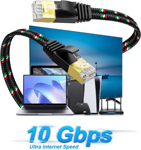 Vista 7 de SNANSHI Cable Ethernet corto, cable Ethernet plano Cat 7 de 3 pies de nailon trenzado, cable LAN para módem, router, red LAN, PlayStation, Xbox