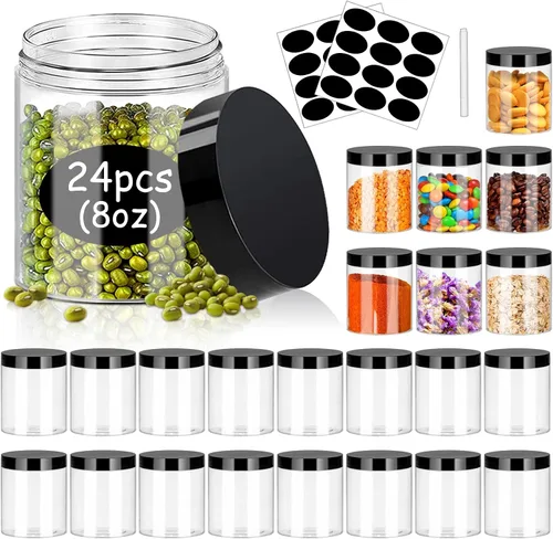 Vista 12 de SLifeJars Tarros de plástico transparente de 8 onzas, 24 frascos de comida redondos vacíos con tapas blancas, tarros de viaje de plástico