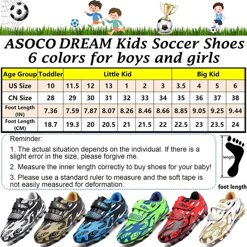 Vista 6 de ASOCO DREAM Zapatos de fútbol para niños y niñas, zapatos de fútbol para suelo firme, para jóvenes profesionales atléticos para exteriores e