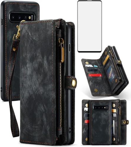 Vista 9 de Asuwish Funda de teléfono para Samsung Galaxy S10 con cremallera, funda desmontable con protector de pantalla de vidrio templado y tarjetero Azul