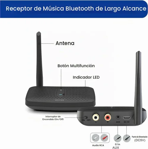 Vista 2 de Besign BE-RCA Pro - Adaptador Bluetooth de largo alcance para transmisión de música Bluetooth, color negro