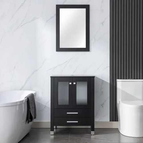 Vista 26 de LUCKWIND Combinación de tocador de baño de 24 pulgadas con lavabo, serie elegante con marco pintado, armario de almacenamiento de baño de dos