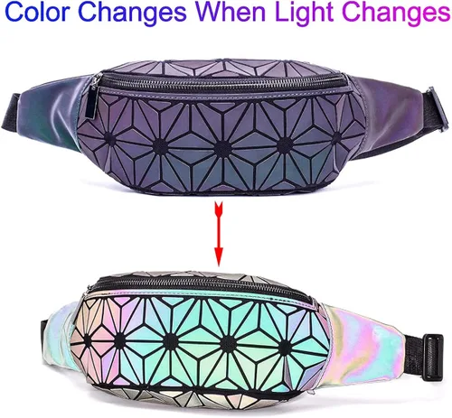 Vista 7 de Riñoneras para mujeres y hombres, bolsa holográfica luminosa para el pecho, paquete de cintura geométrica para viajes, festivales, correr, deportes