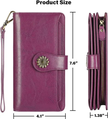 Vista 7 de Lavemi Carteras de cuero genuino de gran capacidad con bloqueo RFID para mujer, tarjetero con correa para la muñeca