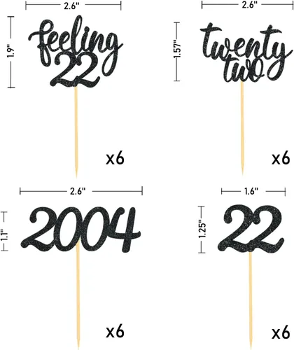 Vista 2 de 24 adornos para cupcakes Feeling 22, decoraciones de pastel de cumpleaños de veintidós Black2