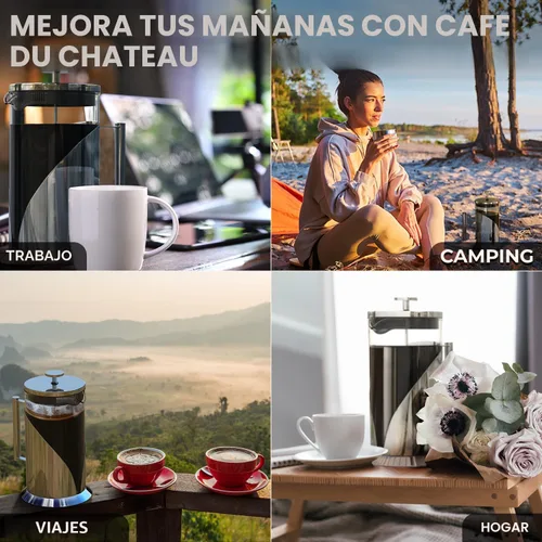 Vista 9 de Cafe Du Chateau Cafetera de prensa francesa de acero inoxidable de 34 onzas, prensa de café aislada fácil de usar con filtración de 4 niveles