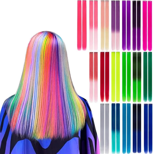Vista 22 de 20 extensiones de cabello con clip de colores para niñas, extensiones de cabello arcoíris multicolor de 20 pulgadas, reflejos instantáneos, piezas A