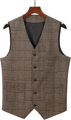 Vista 3 de Chaleco de traje vintage para hombre, chaleco de tweed a cuadros, chaleco de ajuste regular para padrinos de boda